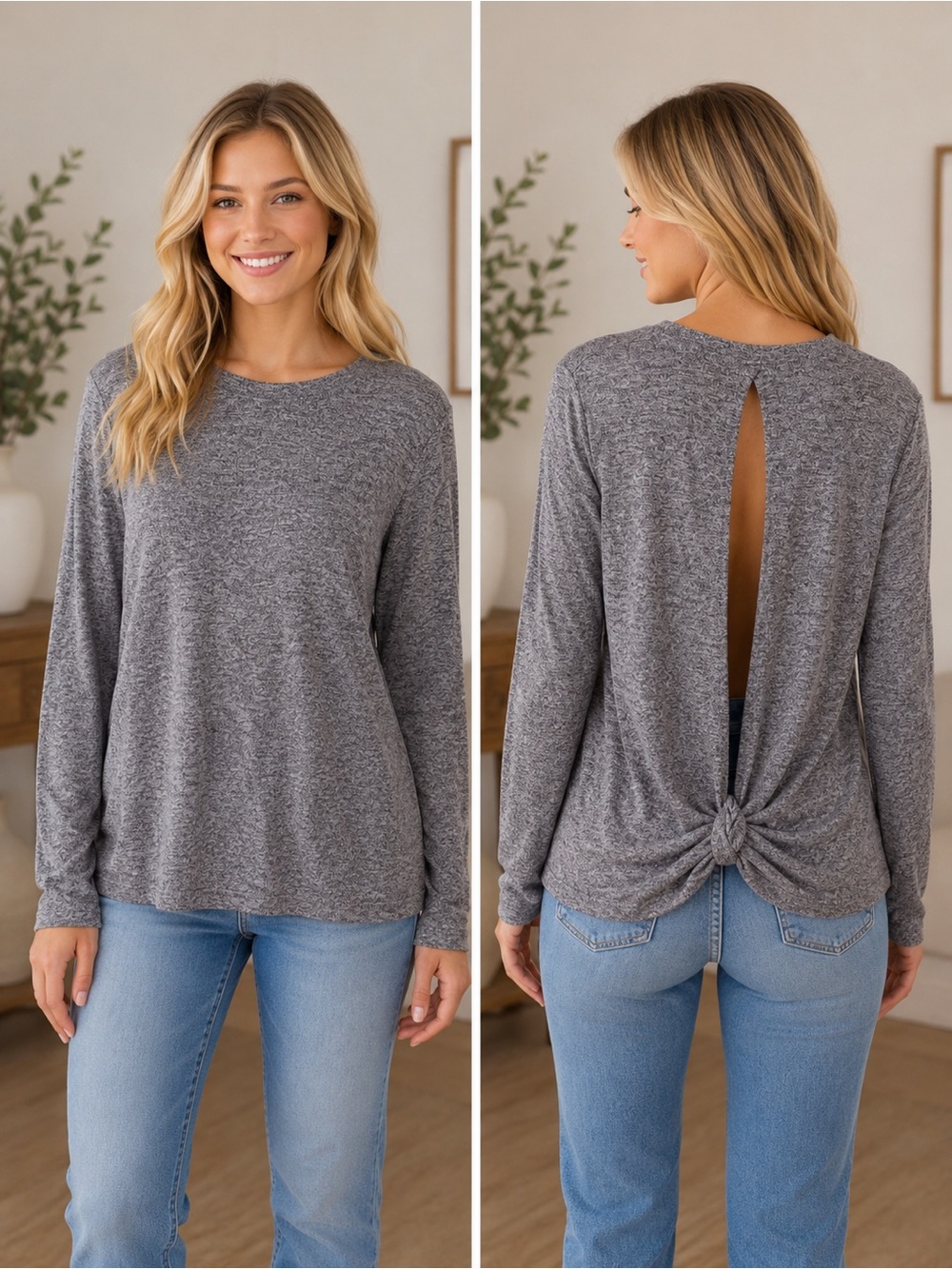 Laslulu Heather Gray Long Sleeve Top